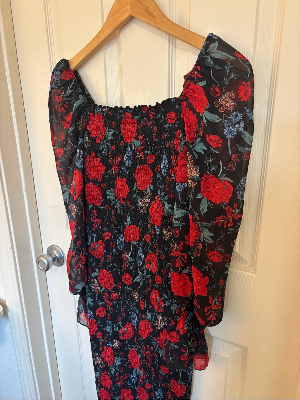 JAUS Black Red Floral Smocked Midi Dress Puff Sleeve Bodycon cocktail semi forma - Picture 6 of 10